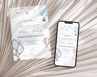 Faire-part de naissance bébé musulman, faire-part de naissance bébé garçon, faire-part de naissance islamique, bébé musulman, modèle de toile modifiable