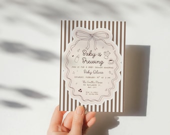 Editable Baby is Brewing Baby Shower Invitation, Coffee Baby Party Invite, Coffee Party, Bow Coquette, Espresso Party, Canva Template B001