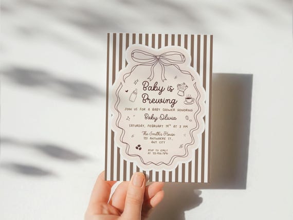 Editable Baby is Brewing Baby Shower Invitation, Coffee Baby Party Invite, Coffee Party, Bow Coquette, Espresso Party, Canva Template B001