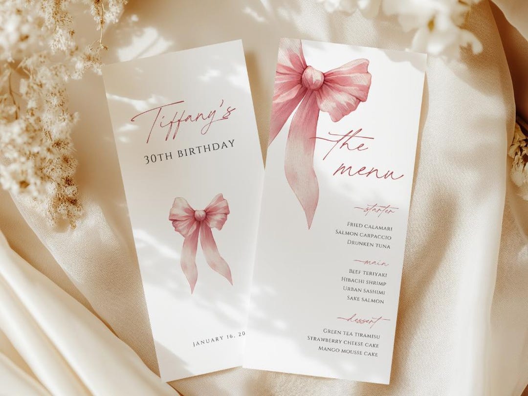 Bow Menu Template, Ribbon Wedding Menu Card, Pink Bow Menu Slim, Menu ...