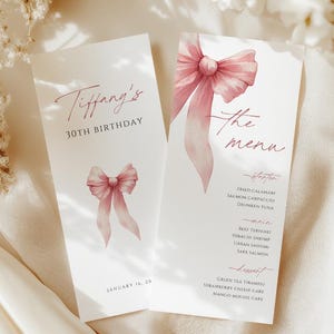 Bow Menu Template, Ribbon Wedding Menu Card, Pink Bow Menu Slim, Menu Bridal Shower Menu, Birthday Menu Card 4x9 Menu, Canva Template
