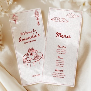 May include: Two white menu cards with red text and illustrations. One card reads "Welcome to Amanda's 30th Birthday" with a table illustration. The other card says "Menu" with a list of food items. The cards have a decorative pattern.