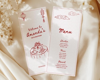 Bearbeitbare Hibachi Menükarten Vorlage, Handgezeichnete asiatische Party Menükarten, Benutzerdefiniertes Menü für Japanisches Hochzeitsessen, Doodle Dinner, Canva F003