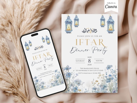 Iftar Invitation, Dinner Party, Lantern Ramadan Mubarak, Eid Hand Drawn Iftar Invite Card, Eid Mubarak, Ramadan Kareem Decor, Canva Template
