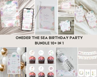 May include: A collection of mermaid-themed party supplies, including invitations, signs, cupcake toppers, water bottle labels, and banners. The designs feature pastel colors, mermaids, and the text "Oneder the Sea Birthday Party".
