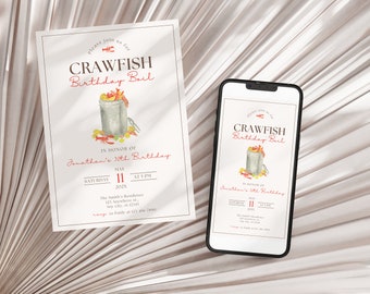 Invito di compleanno per gamberi bolliti, invito per gamberi bolliti, biglietto d'invito modificabile per compleanno a base di gamberi bolliti, festa dei gamberi, bollitura di frutti di mare, A002