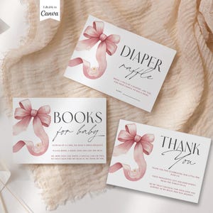 Pink Bow Baby in Bloom Baby Shower Diaper Raffle Books for Baby Thank you Card Enclosure Cards Canva Template Floral Coquette Baby Girl Card