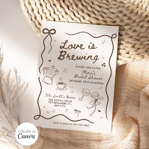 Love is Brewing Bridal Shower Invitation, Editable Coffee Lover’s Party Invite, Coffee Themed Party, Bow, Coquette, Espresso Party, Canva