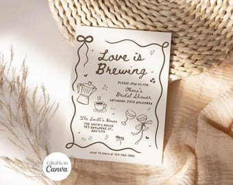 Invitación de despedida de soltera "Love is Brewing", invitación editable para fiesta de amantes del café, fiesta con temática de café, lazo, coqueta, fiesta de espresso, Canva