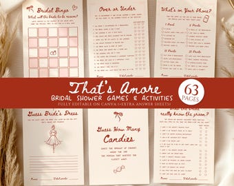 That's Amore Bridal Shower Games Bundle, Italian Coquette, Bridal Shower Games, Editable Canva Template, Digital Download, Canva, D002