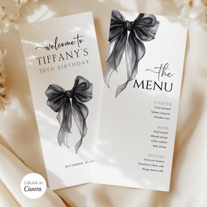 Szablon menu kokardki, wstążka menu ślubne, czarne menu kokardki slim, menu Bridal Shower Menu, karta menu urodzinowego 4x9 Menu, szablon Canva