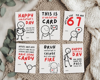 Funny Slang Valentine Cards, Teen Humor, Stick Figures, Printable Funny Kids Valentine's Day Cards, Classroom School Boys Valentine Tags