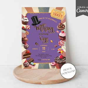 Invito di compleanno ispirato alla fabbrica di cioccolato, modello Canva per biglietto d'invito, download digitale