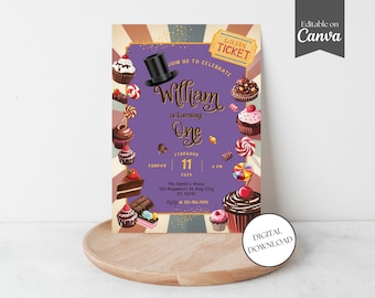 Convite de aniversário inspirado na fábrica de chocolate, modelo de canva de cartão de convite, download digital