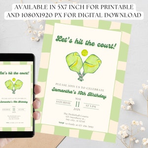 May include: A digital invitation for a pickleball-themed birthday party. The design features green pickleball paddles and a ball, with the text "Let's hit the court!" and details for Samantha's 10th birthday.
