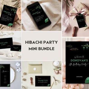 Mini pacote de festa de aniversário com jantar Hibachi, convite para festa de almoço Hibachi, restaurante japonês, sinal de boas-vindas, modelo editável do Canva