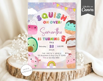 Girl Squish Birthday Invitation Digital Invite Card, Squish Mallow, Squishy Birthday Party, Squish on Over, Mallow, Canva Template