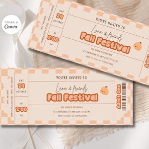 May include: Two fall festival tickets with a peach and cream checkered pattern. The tickets read "You're Invited to Lana & friends Fall Festival" with a pumpkin graphic. The tickets include the date, time, and location.