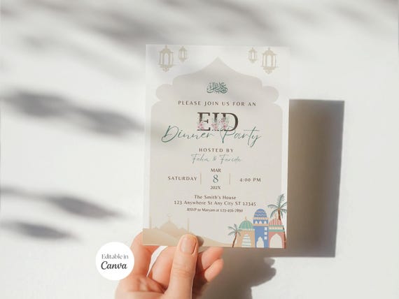Eid Party Invitation, Ramadan Mubarak Eid Dinner Party, Eid Al Fitr Muslim Invite Card, Iftar Invitation, Canva Template Download, C201