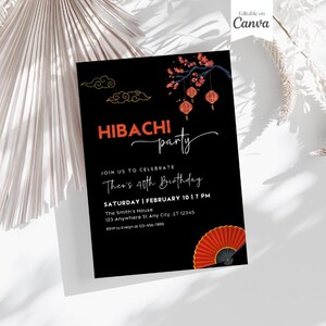 Faire-part d'anniversaire pour le dîner Hibachi, invitation à une soirée déjeuner Hibachi, fête au restaurant japonais, modèle modifiable sur toile, téléchargement immédiat