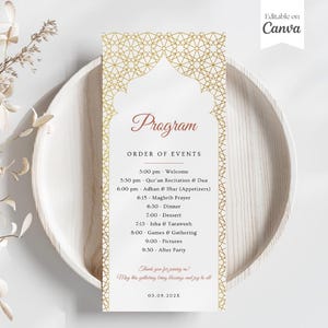 Cartão de programa Iftar editável, jantar Eid, programa de mesa, festa Iftar, itinerário de festa, cartão de programa de evento, cartão de mesa dourado, modelo Canva
