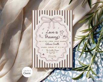 Invitación de despedida de soltera "Love is Brewing", invitación editable para fiesta de amantes del café, fiesta con temática de café, lazo, coqueta, fiesta de espresso, Canva