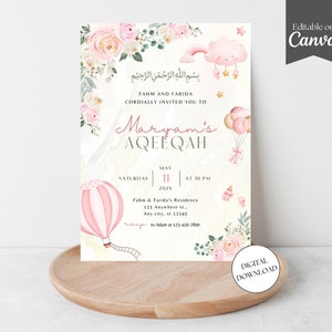 Invitación de niña Aqeeqah, anuncio de nacimiento de bebé musulmán, anuncio de nacimiento de niña editable, anuncio de nacimiento islámico, plantilla Canva