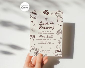 Love is Brewing Bridal Shower Invitation, Editable Coffee Lover’s Party Invite, Coffee Themed Party, Bow, Coquette, Espresso Party, Canva