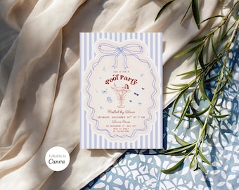 Editable Pool Party Invitation Template, Hand Drawn Cocktail Swim Birthday Party Invite, Blue Bow Coquette Summer Birthday, Pool Celebration
