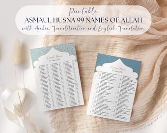 May include: Two printable cards with the text "ASMAUL HUSNA 99 NAMES OF ALLAH" in Arabic, transliteration, and English. The cards have a light blue and gold geometric design at the top and are on a beige fabric.
