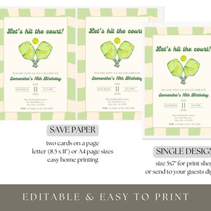 May include: Pickleball birthday party invitations with a green and cream color scheme. The invitations feature a watercolor illustration of pickleball paddles and the text "Let's hit the court!" and "Samantha's 10th Birthday".