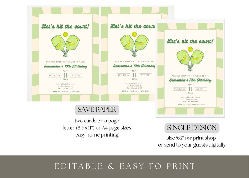 May include: Pickleball birthday party invitations with a green and cream color scheme. The invitations feature a watercolor illustration of pickleball paddles and the text "Let's hit the court!" and "Samantha's 10th Birthday".