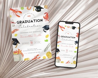 May include: A graduation party invitation with a watercolor design featuring a lobster, graduation cap, and lemons. The invitation is for Samantha Smith's graduation celebration on May 11th at 5 PM. The text on the invitation reads "Please join us for a Graduation Celebration Honoring our Graduate Samantha Smith Saturday May 11 202X at 5 PM The Smith's House 123 Anywhere St Any City, ST 12345 RSVP to Evelyn at 123-456-7890"