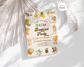 Plantilla editable de invitación para fiesta de cumpleaños unisex con temática de pudrición cerebral italiana, Tung Tung Sahur, Cappuccino de bailarina, plantilla de Canva