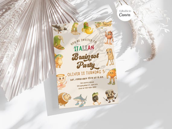 Editable Italian Brain Rot Party Invitation Template, Unisex Birthday Party Invite, Tung Tung Sahur, Ballerina Cappuccina, Canva Template