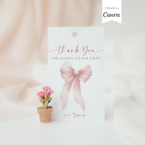 Bearbeitbare rosa Schleifen-Dankeskarte, Partybevorzugungs-Umbau, danke für kommende Geschenkanhänger, elegantes kokettes Band-quadratischer Anhänger Pastell-Geburtstagsetikett