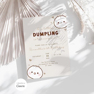 Knoedel verjaardagsuitnodiging, Bao Dimsum verjaardagsfeestje uitnodigen, dim sum partij digitale Evite genderneutraal, canva bewerkbare sjabloon downloaden