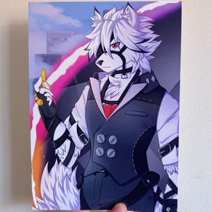 May include: A white wolf-like character with white hair and red eyes, wearing a black waistcoat with silver buttons and a white shirt. The character is holding a gold object in their right hand. The background is a blurred cityscape with a pink and purple gradient.
