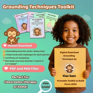 Może przedstawiać: Dziecko trzyma żółty plik do pobrania cyfrowego zatytułowany "Grounding Technique" autorstwa Xiao Sami. Obraz zawiera karty z ćwiczeniami uziemiającymi, fiszki i tekst "Grounding Techniques Toolkit."
