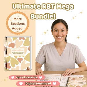 May include: The image showcases a bundle of RBT (Registered Behavior Technician) resources. The title "Ultimate RBT Mega Bundle!" is displayed at the top. The bundle includes a planner and toolkit with heart-shaped designs. The text "PDF Printable File" and "Digital Download" are also visible.