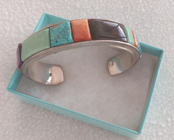 VINTAGE Sterling Silver Mosaic Inlay Bracelet Cuf… - image 1