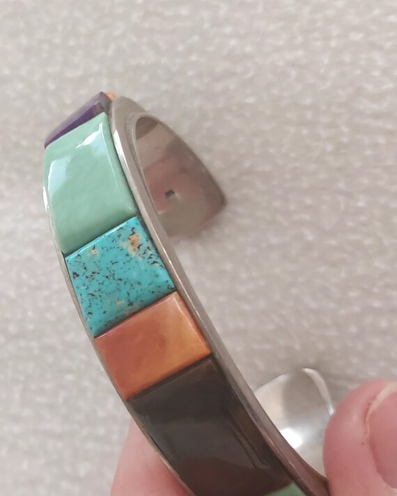 VINTAGE Sterling Silver Mosaic Inlay Bracelet Cuf… - image 3