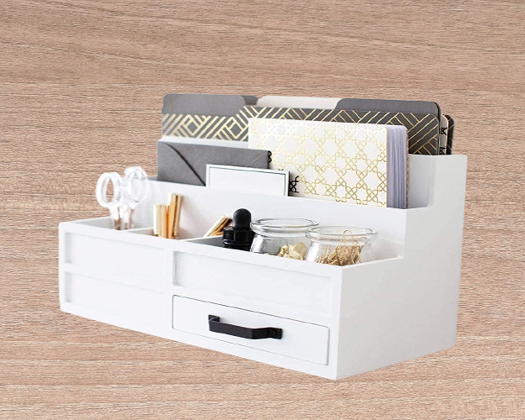 White Desktop Organizer With Drawer Home Countertop Storage Etsy