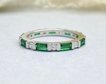 Emerald Eternity Ring Round White Simulated Diamond Band Sterling Silver Baguette Green Emerald Stacking Ring Stackable Band Women's Band