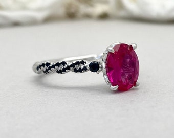 2.00Ct Oval Pink Ruby Ring, Braided Sterling Silver Round Black Simulated Diamond Ring, July Birthstone Ruby Wedding Engagement Ring