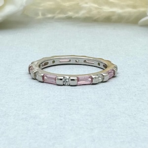 Pink Sapphire Eternity Ring Round White Simulated Diamond Band Sterling Silver Baguette Light Pink CZ Stacking Ring Stackable Women&#39;s Band