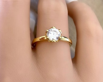 Gold Round Simulated Diamond CZ Ring Yellow Gold Solitaire Ring Sterling Silver Floral Setting Tulip Ring Minimalist Women's Engagement Ring