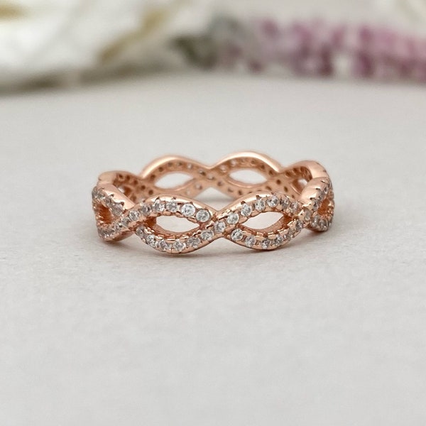 Rose Gold Braided Infinity Band Round Simulated Diamond Sterling Silver Intertwined Ring Twisted Ring Anniversary Wedding Band Women's Ring