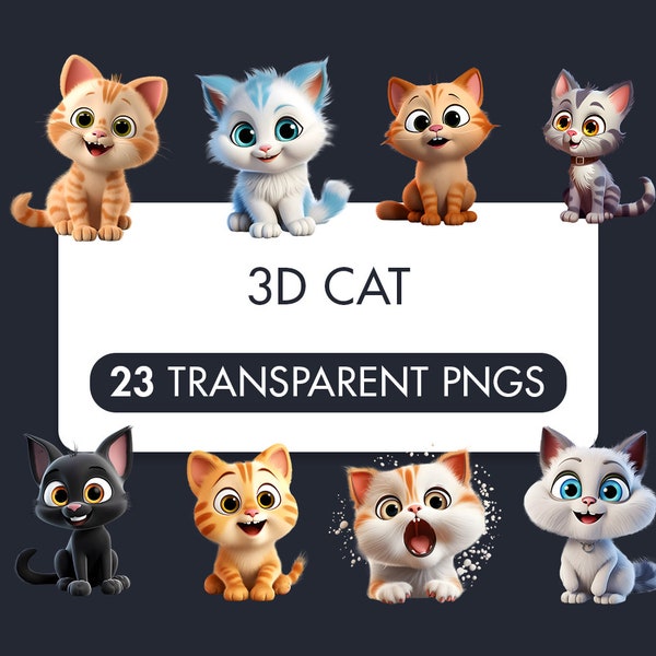 Lot de 23 chats transparents DESIGNS l 3D drôle mignon l Animaux 3D Bundle l Animaux l Impressions par sublimation t-shirts, mug, livre et autocollant...