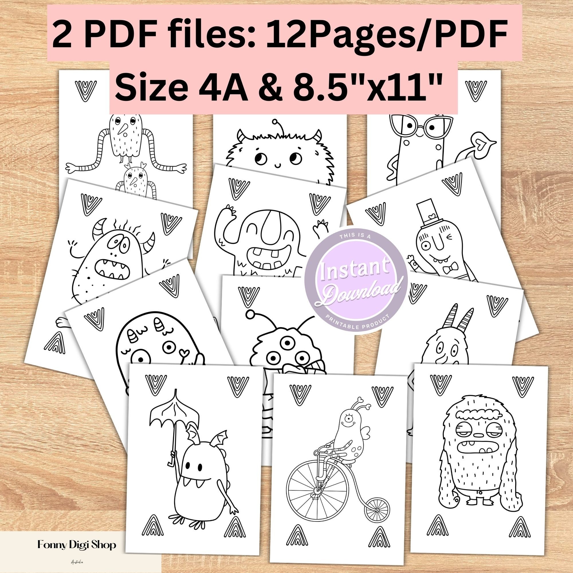 12 Printable Monsters Colouring Sheets, Instant Download, Coloring Pages for Toddler, Cute ...